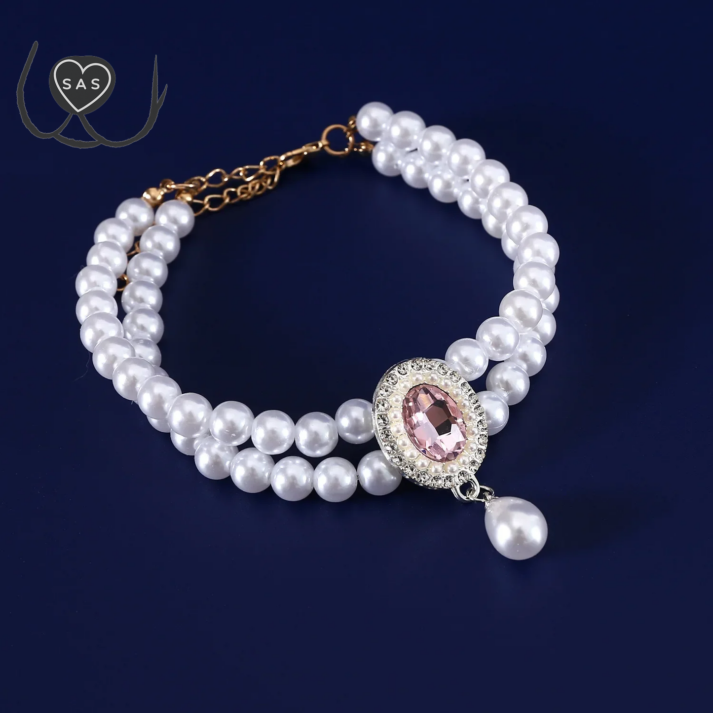 Luxury 2 Row Pearl Puppy Cat Collar Necklace for Cats, Fashion Pet Crystal Jewelry Accessories with Bling Diamond Heart Pendant