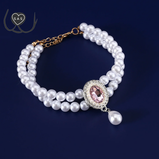 Luxury 2 Row Pearl Puppy Cat Collar Necklace for Cats, Fashion Pet Crystal Jewelry Accessories with Bling Diamond Heart Pendant