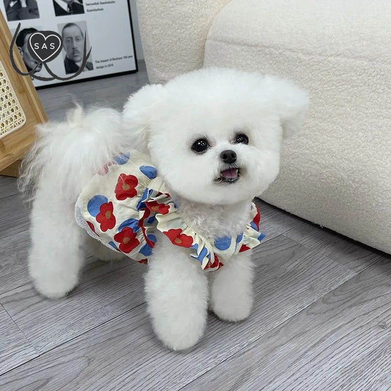 Breathable Poodle Dress Dog Cat Summer Clothes Floral Fly Sleeve Teddy Skirt Small Dog Thin Pullover Sweatshirt