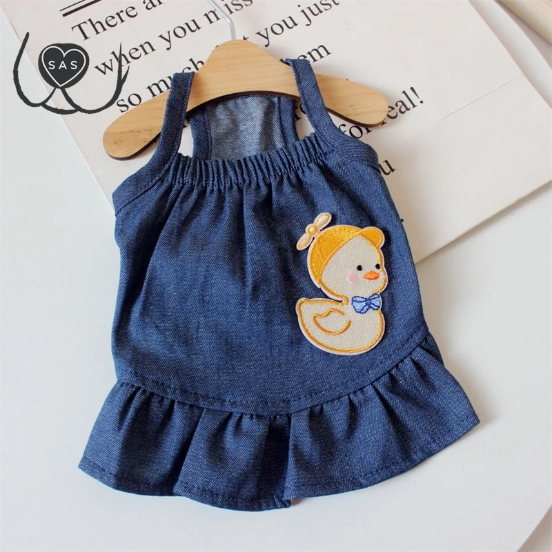 Cute Cartoon Denim Pet Dog Clothes Breathable Girl Summer Dresses for French Bulldog Creative Elastic Harness Small Puppy Vest