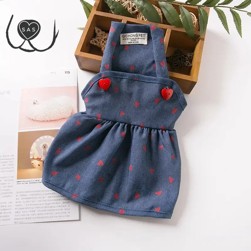 Love Dog Dress Four Seasons Pet Denim Love Strap Dress Pet Cat Dog Strap Dress Pumpkin Dress Bears Teddy Schnauzer Puppy Clothes