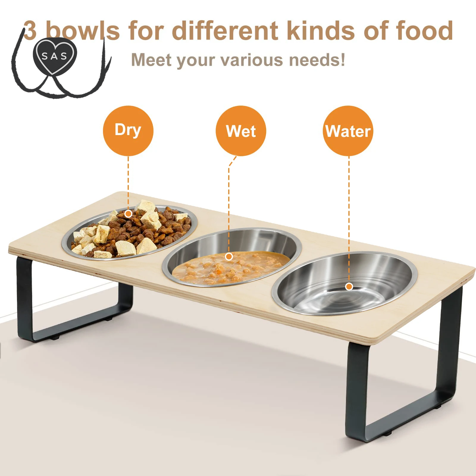 Elevated Cat Bowls Feeder 15° Tilted Raised Feeding & Watering Supplies Pet 3 Stainless Steel Bowls with Stand for Cats Puppies