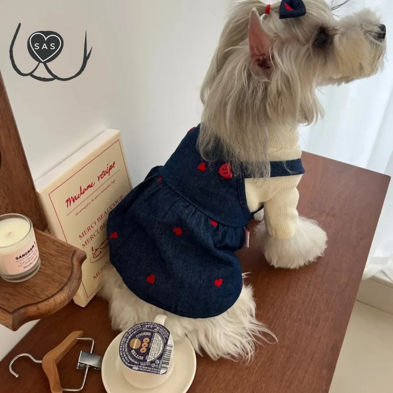 Love Dog Dress Four Seasons Pet Denim Love Strap Dress Pet Cat Dog Strap Dress Pumpkin Dress Bears Teddy Schnauzer Puppy Clothes