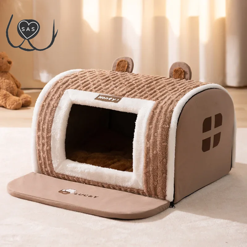 Winter New Dog Three-Dimensional Bear Curved Room Medium and Small Warm Thickened Windproof Cat Litter Large Dog Pet Supplies