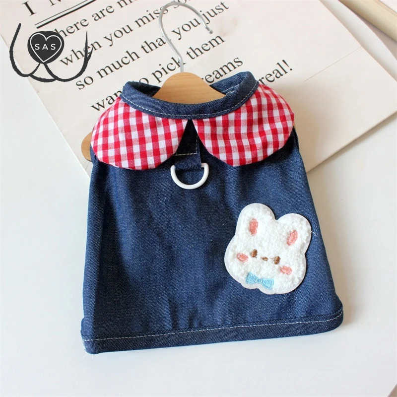 Cute Cartoon Denim Pet Dog Clothes Breathable Girl Summer Dresses for French Bulldog Creative Elastic Harness Small Puppy Vest
