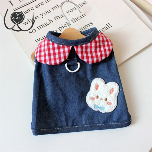 Cute Cartoon Denim Pet Dog Clothes Breathable Girl Summer Dresses for French Bulldog Creative Elastic Harness Small Puppy Vest