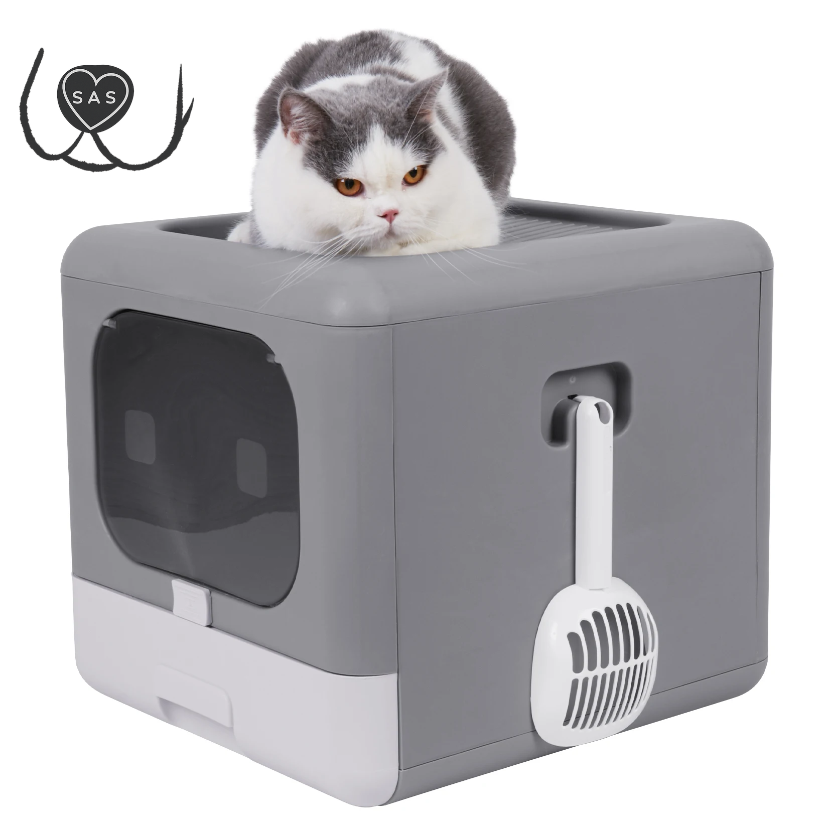 Cat Litter Box Foldable Top Entry Litter Box with Cat Litter Scoop Drawer for Medium and Large Cats