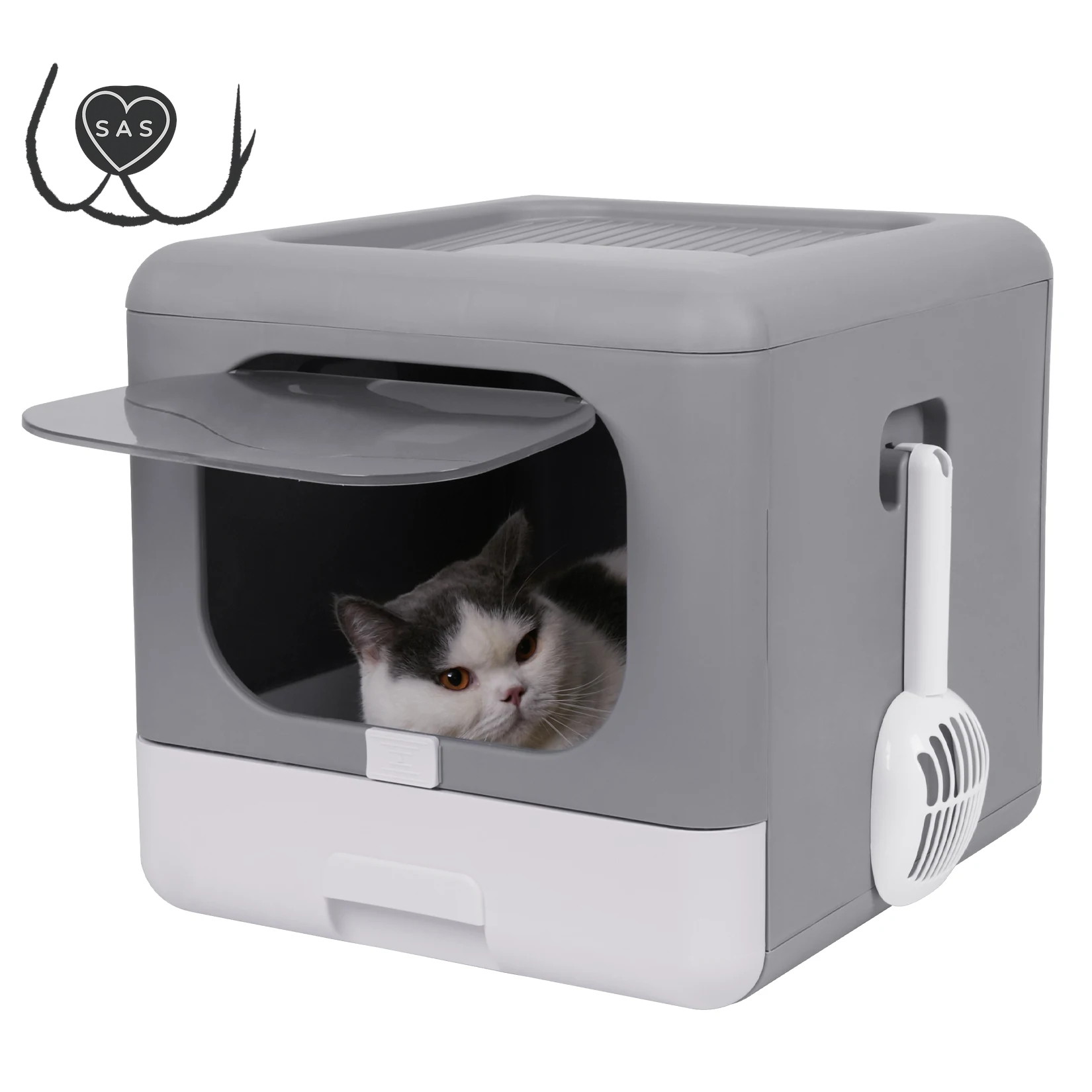 Cat Litter Box Foldable Top Entry Litter Box with Cat Litter Scoop Drawer for Medium and Large Cats