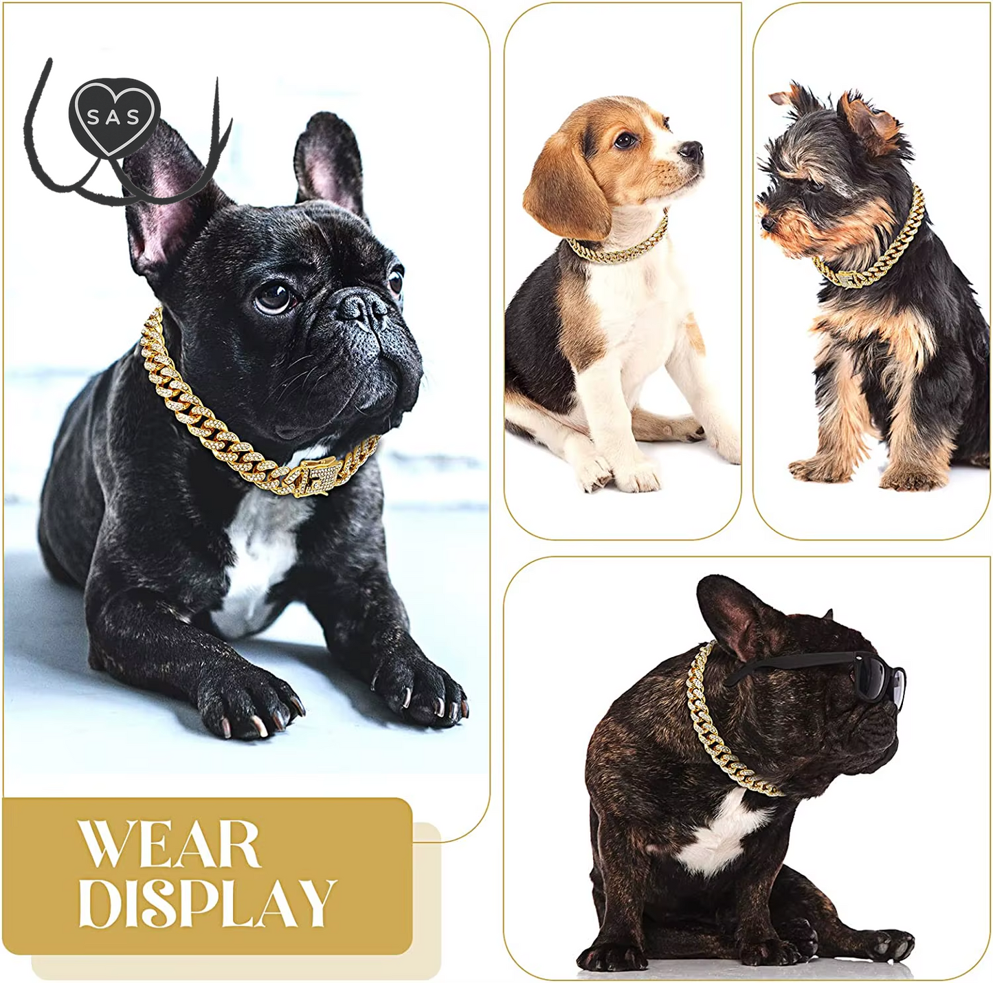 Luxury Gold Cat Necklace Jewelry Rhinestone Pet Cuban Chain Collar Kitten Doggie Wedding Prom Costume Accessories for Cats Puppy