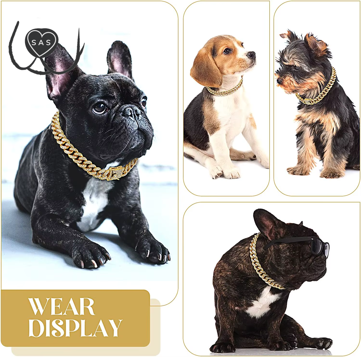 Luxury Gold Cat Necklace Jewelry Rhinestone Pet Cuban Chain Collar Kitten Doggie Wedding Prom Costume Accessories for Cats Puppy