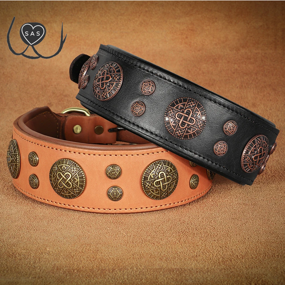 Real Leather Dog Collar Cool Spiked Studded Pet Collars Genuine Leather Medium Large Dogs Collars Necklace Pitbull Bulldog
