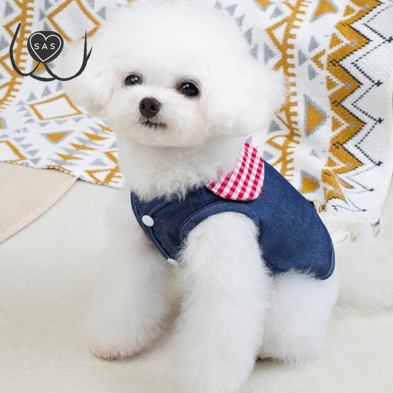 Cute Cartoon Denim Pet Dog Clothes Breathable Girl Summer Dresses for French Bulldog Creative Elastic Harness Small Puppy Vest