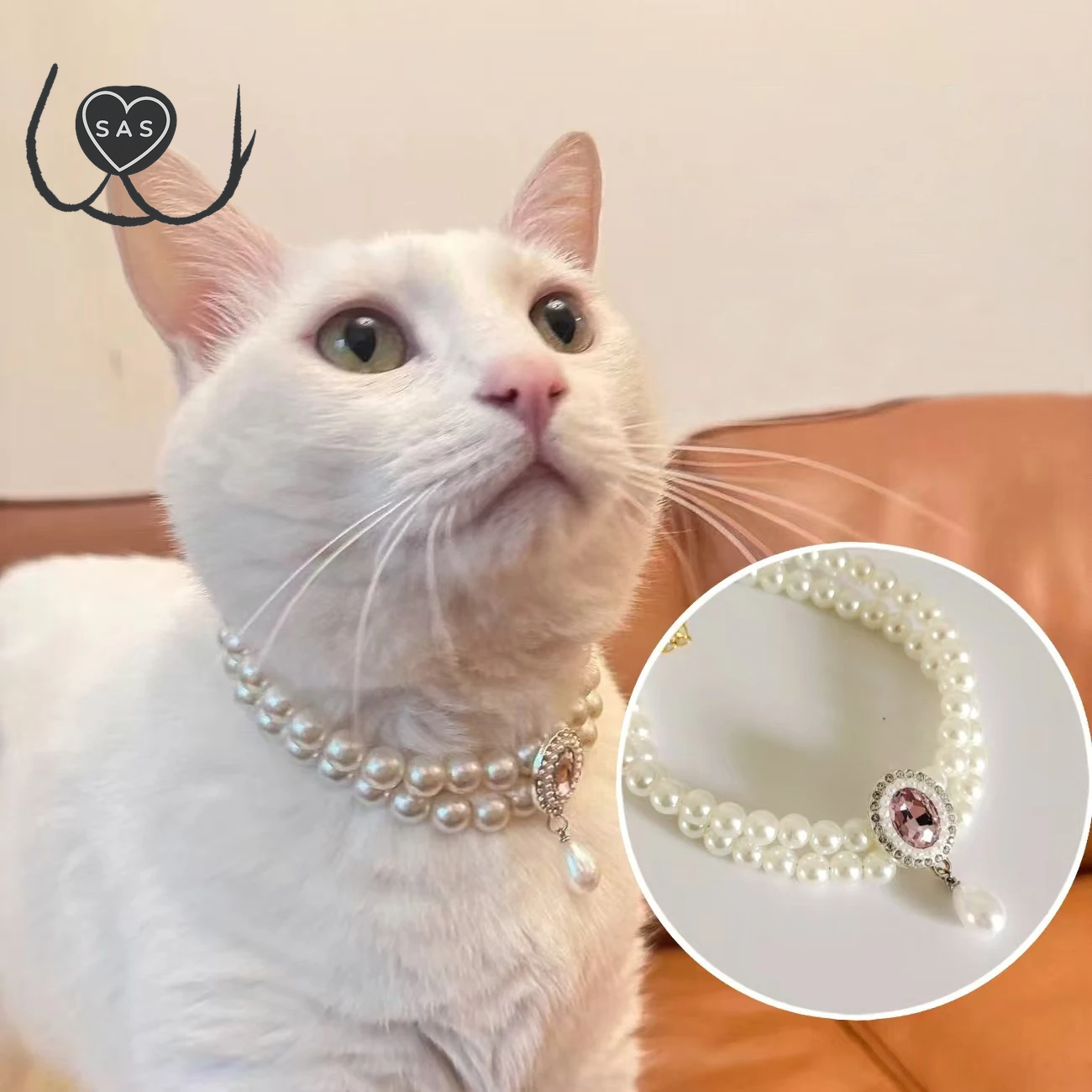 Luxury 2 Row Pearl Puppy Cat Collar Necklace for Cats, Fashion Pet Crystal Jewelry Accessories with Bling Diamond Heart Pendant