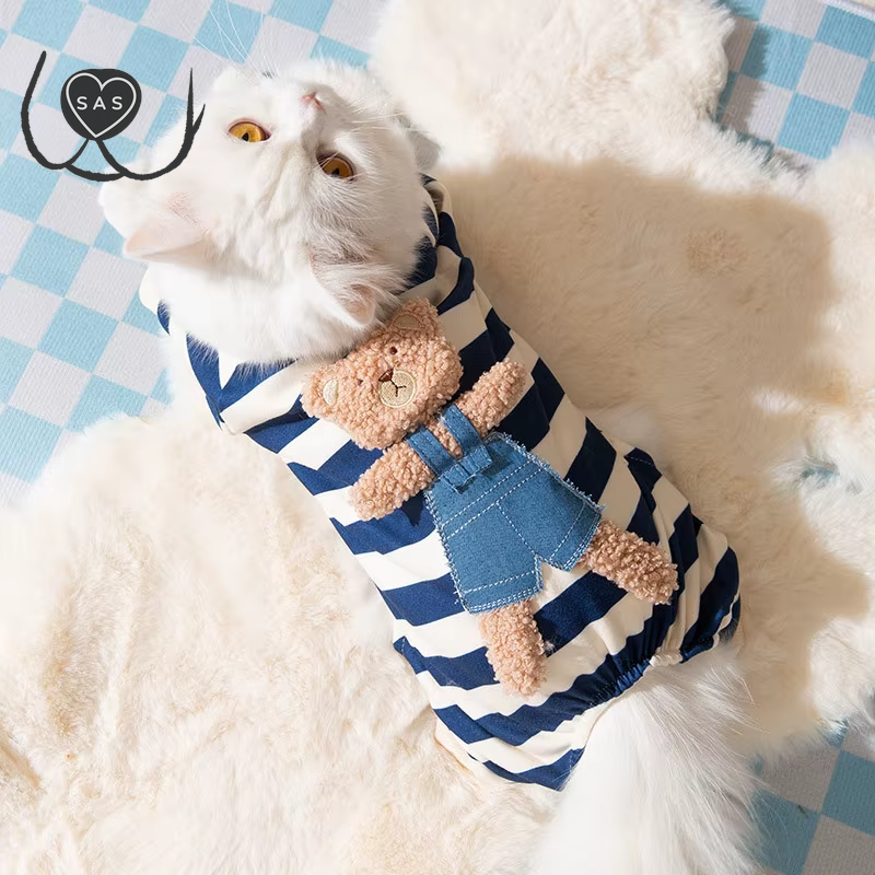 Thin Dog Clothes for Small Dogs Cute Bear Striped Dog Jumpsuit Pet Dog Coat Four Legs Dog Pajamas Kitten Puppy Sweatshirt Autumn