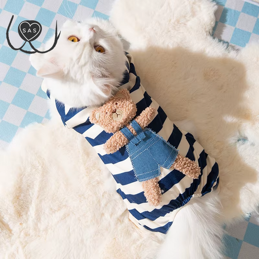 Thin Dog Clothes for Small Dogs Cute Bear Striped Dog Jumpsuit Pet Dog Coat Four Legs Dog Pajamas Kitten Puppy Sweatshirt Autumn