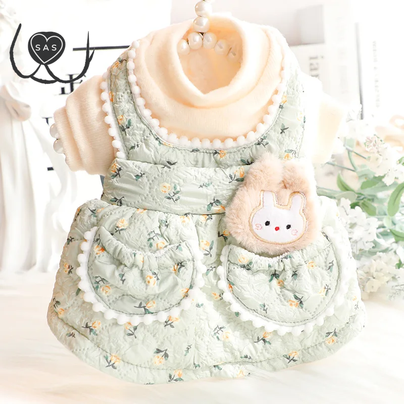 Dog Warmer Dress Floral Rabbit Strap Skirt Dog Princess Winter Skirt for Kawaii Small Pink Pet Costume Ropa Para Perro