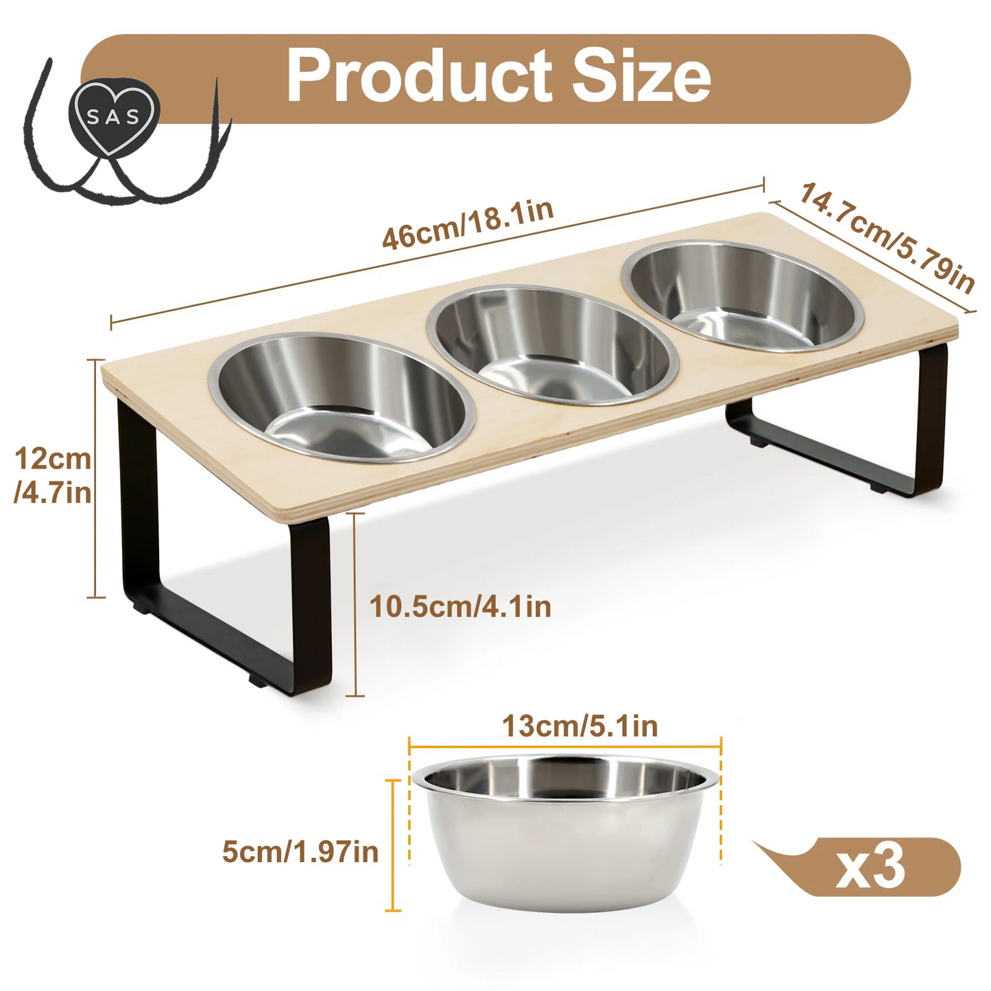 Elevated Cat Bowls Feeder 15° Tilted Raised Feeding & Watering Supplies Pet 3 Stainless Steel Bowls with Stand for Cats Puppies