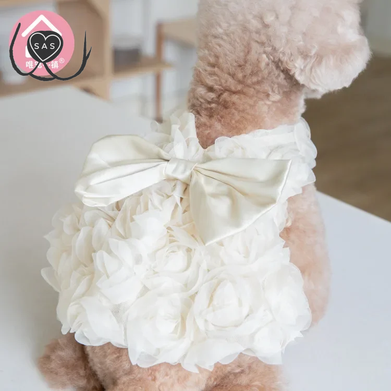 Dog Princess Dress Embroidered Flower Pet Pink Bowknot Princess Clothes Puppy Pet Pet Wedding Dress