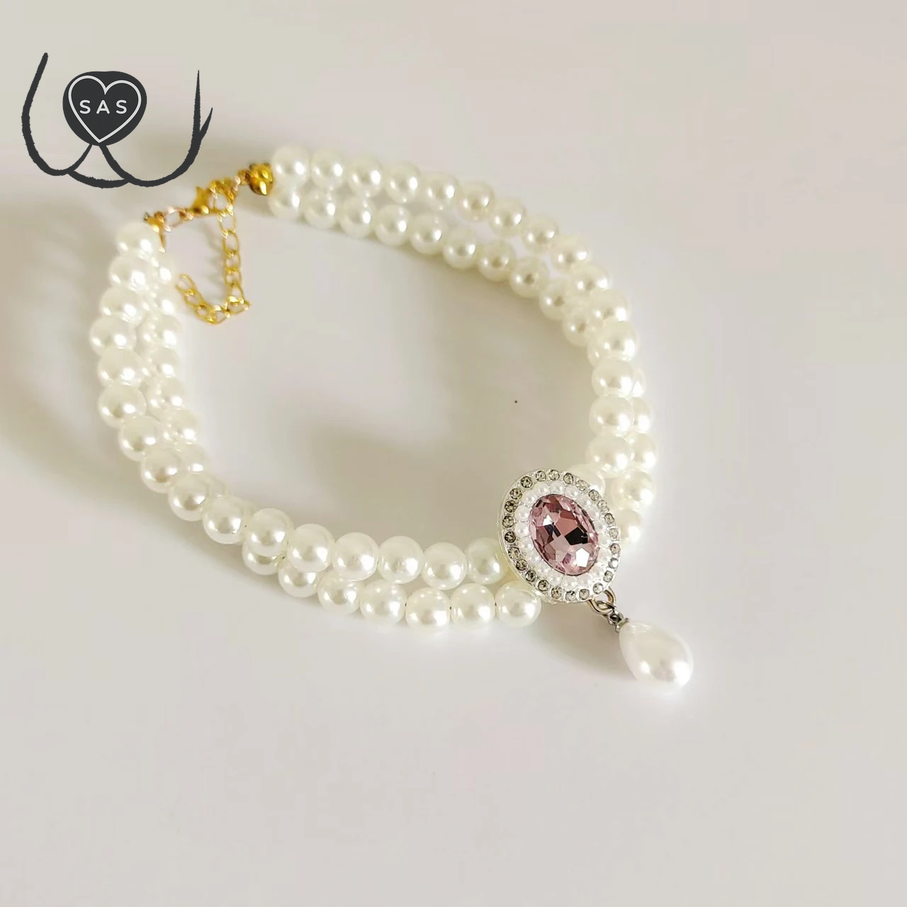 Luxury 2 Row Pearl Puppy Cat Collar Necklace for Cats, Fashion Pet Crystal Jewelry Accessories with Bling Diamond Heart Pendant