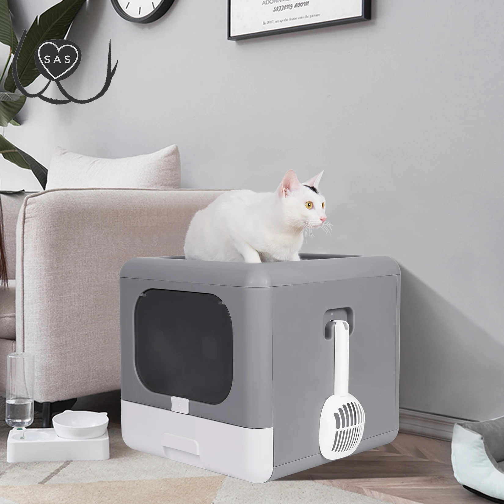 Cat Litter Box Foldable Top Entry Litter Box with Cat Litter Scoop Drawer for Medium and Large Cats