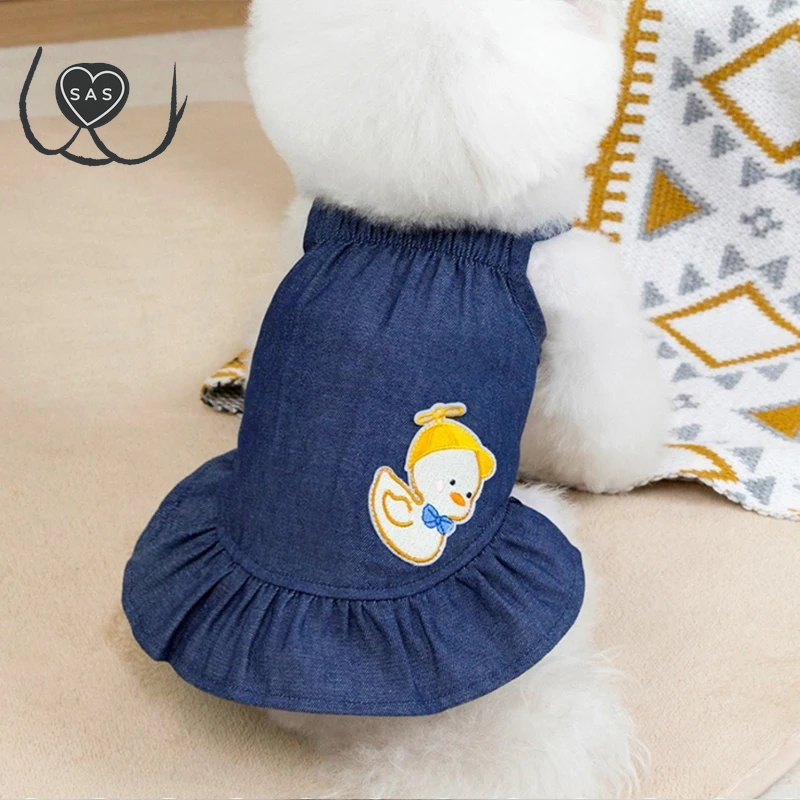 Cute Cartoon Denim Pet Dog Clothes Breathable Girl Summer Dresses for French Bulldog Creative Elastic Harness Small Puppy Vest